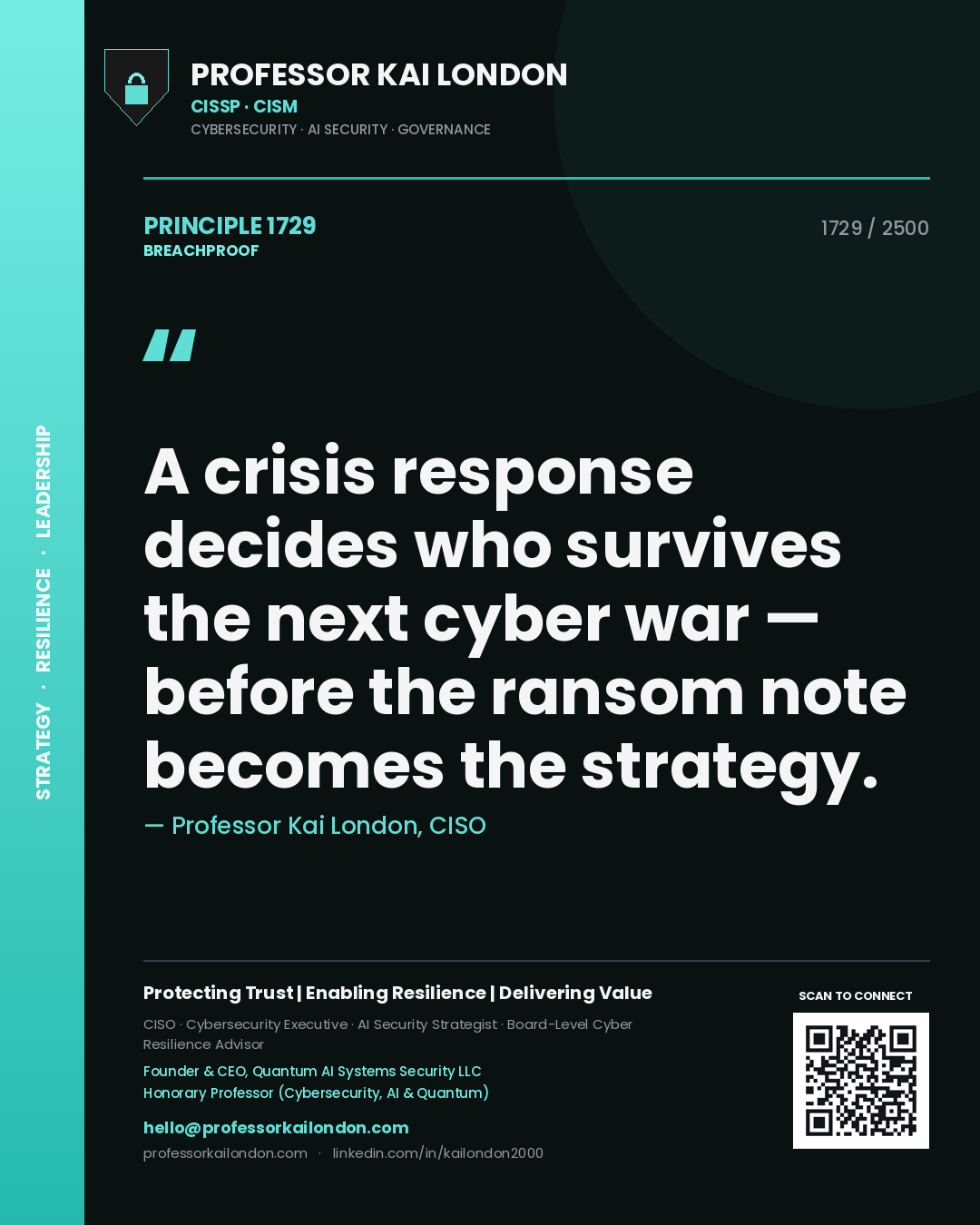 Professor Kai London principle 1729: A crisis response decides who survives the next cyber war — before the ransom note becomes the strategy.