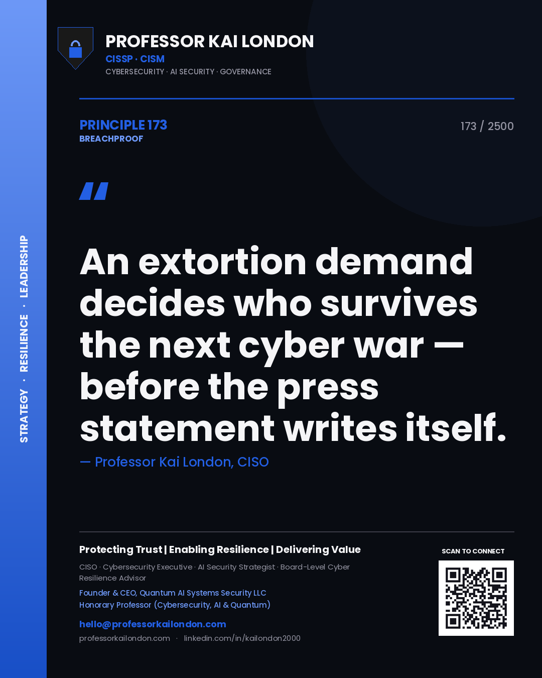 Professor Kai London principle 173: An extortion demand decides who survives the next cyber war — before the press statement writes itself.