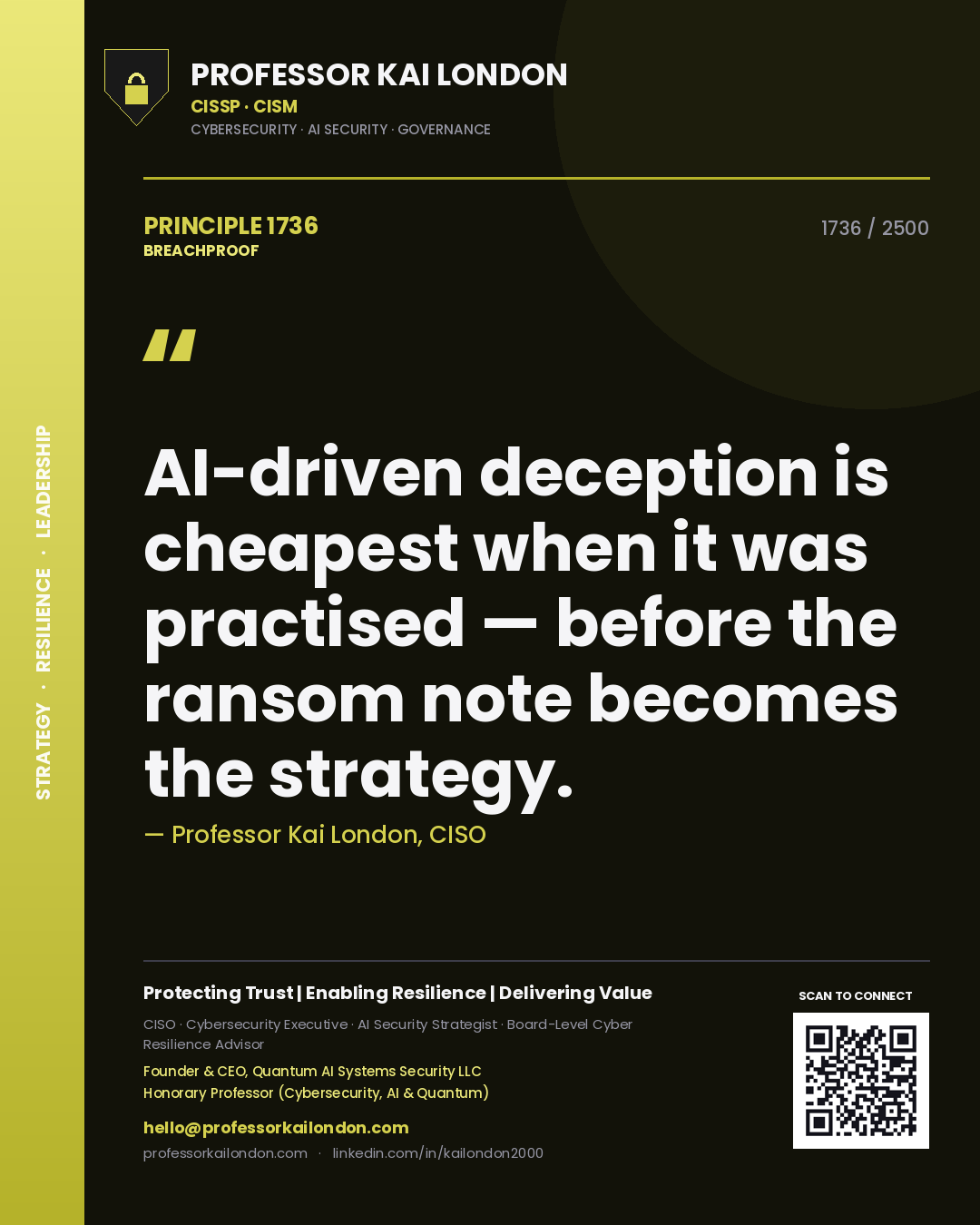 Professor Kai London principle 1736: AI-driven deception is cheapest when it was practised — before the ransom note becomes the strategy.