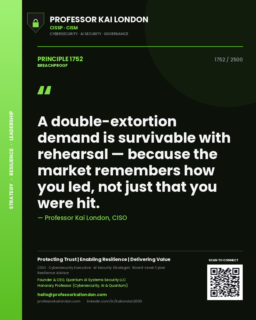 Professor Kai London principle 1752: A double-extortion demand is survivable with rehearsal — because the market remembers how you led, not just that you were hit.