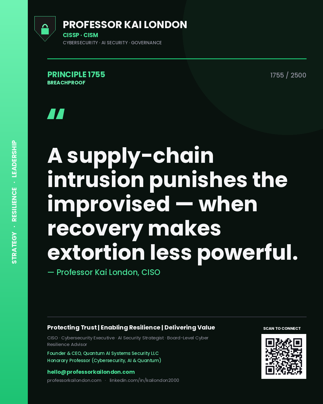 Professor Kai London principle 1755: A supply-chain intrusion punishes the improvised — when recovery makes extortion less powerful.