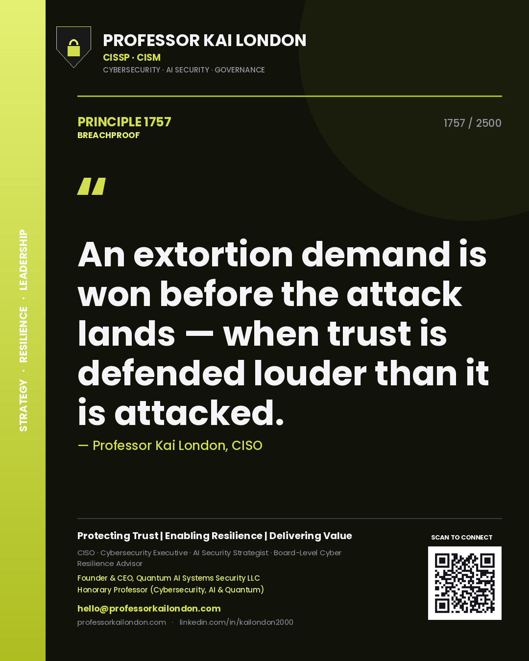 Professor Kai London principle 1757: An extortion demand is won before the attack lands — when trust is defended louder than it is attacked.