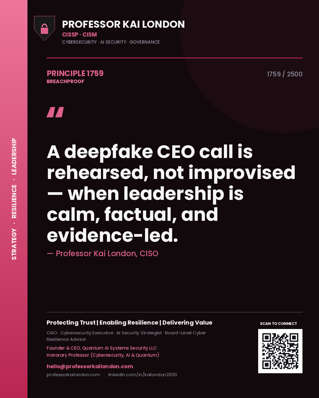 Professor Kai London principle 1759: A deepfake CEO call is rehearsed, not improvised — when leadership is calm, factual, and evidence-led.