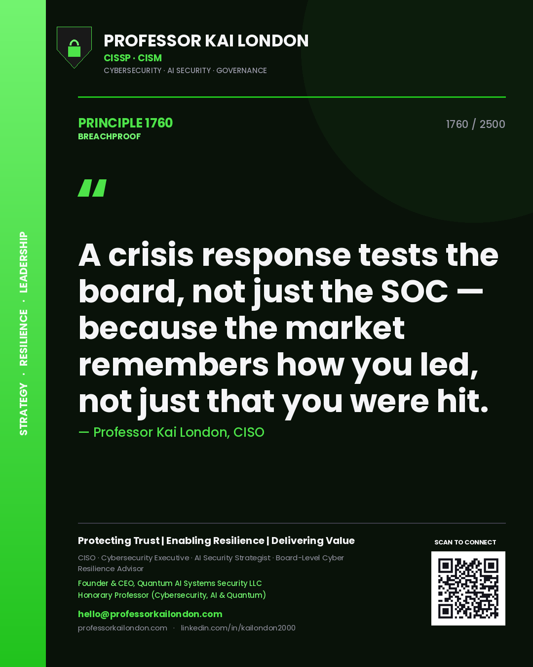 Professor Kai London principle 1760: A crisis response tests the board, not just the SOC — because the market remembers how you led, not just that you were hit.