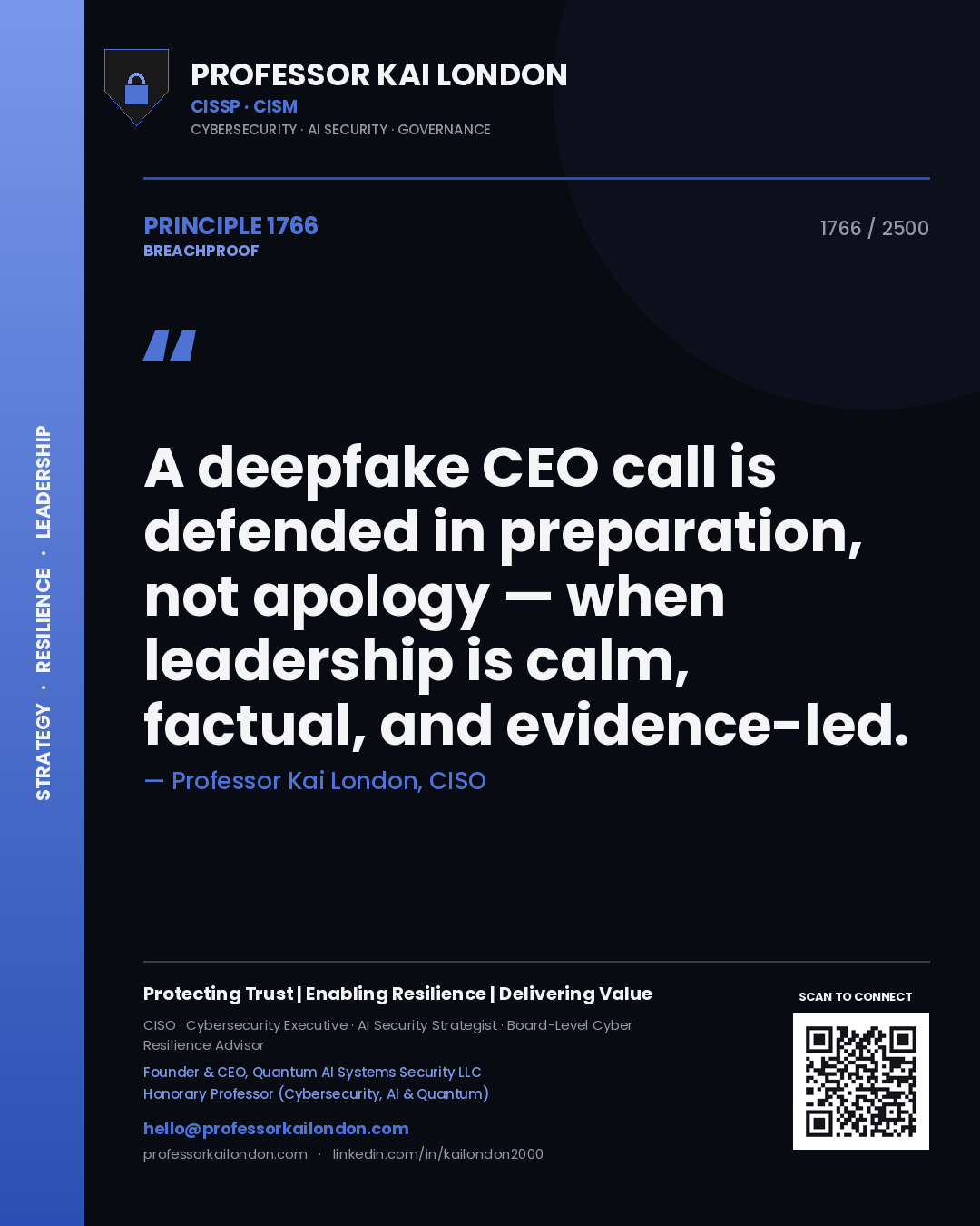 Professor Kai London principle 1766: A deepfake CEO call is defended in preparation, not apology — when leadership is calm, factual, and evidence-led.