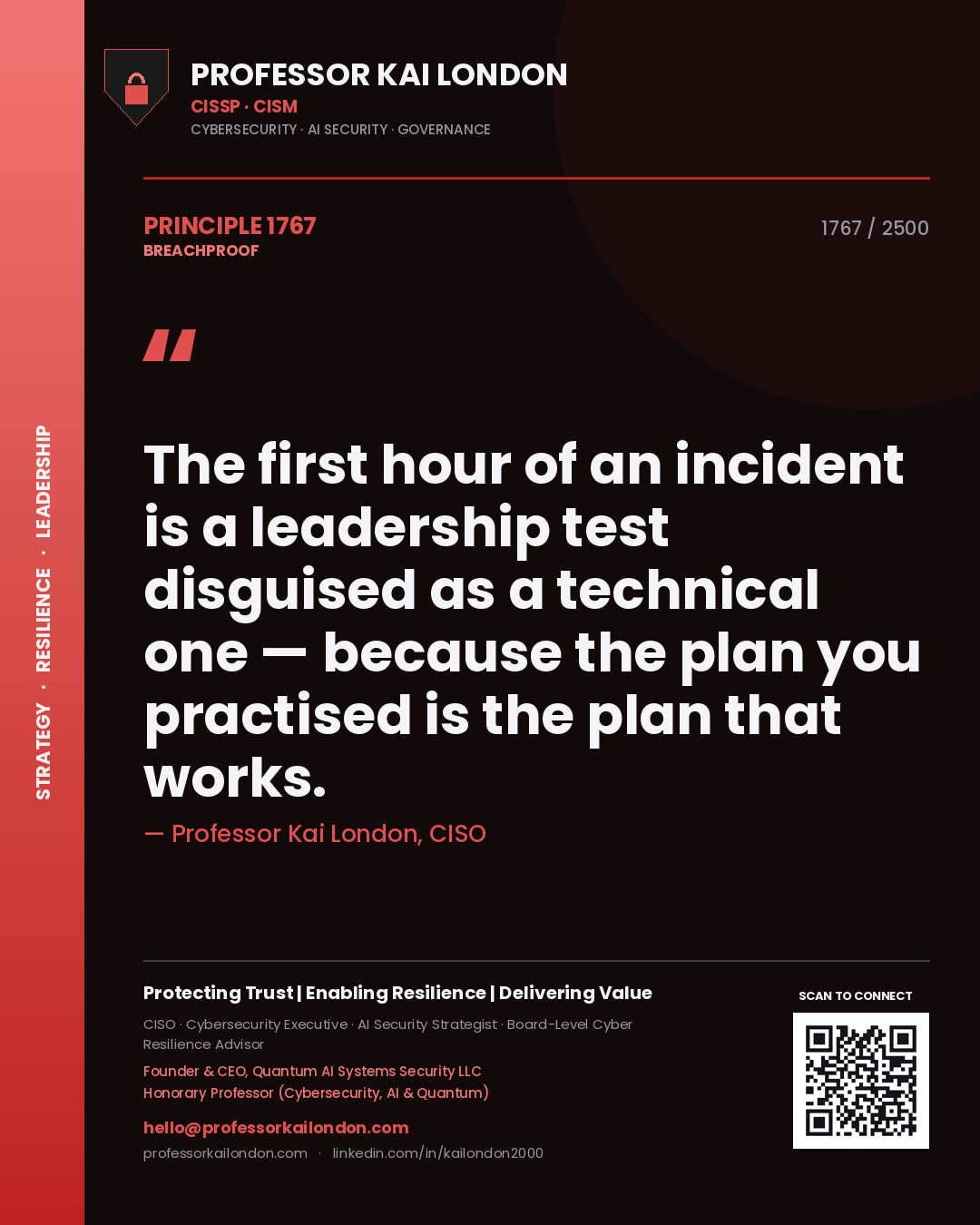 Professor Kai London principle 1767: The first hour of an incident is a leadership test disguised as a technical one — because the plan you practised is the plan that works.