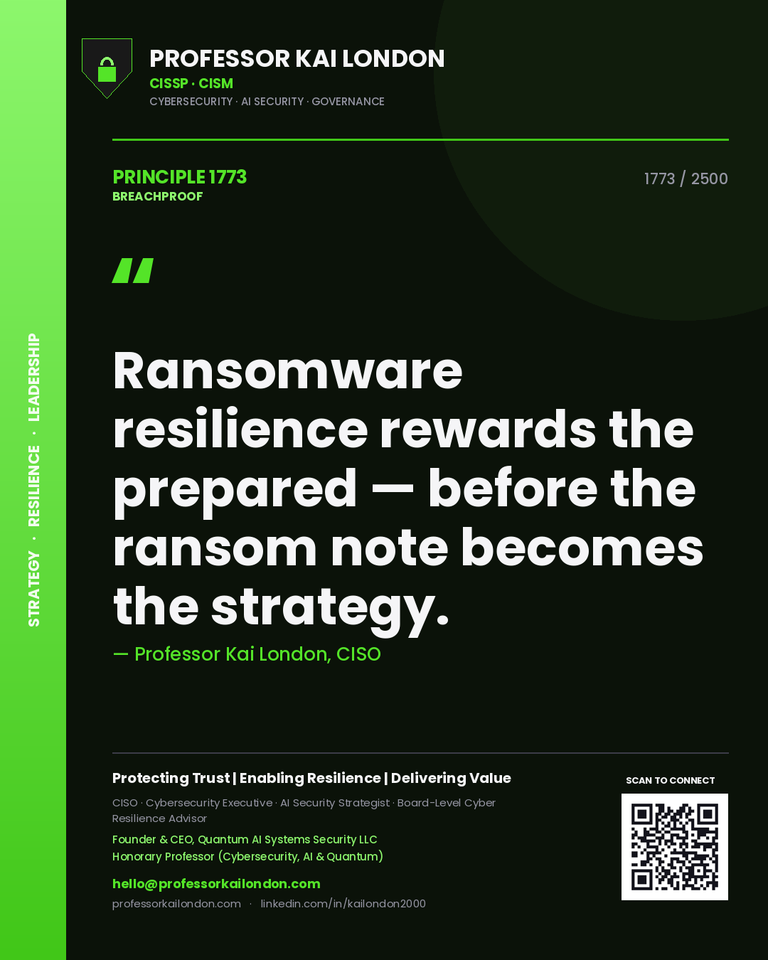 Professor Kai London principle 1773: Ransomware resilience rewards the prepared — before the ransom note becomes the strategy.
