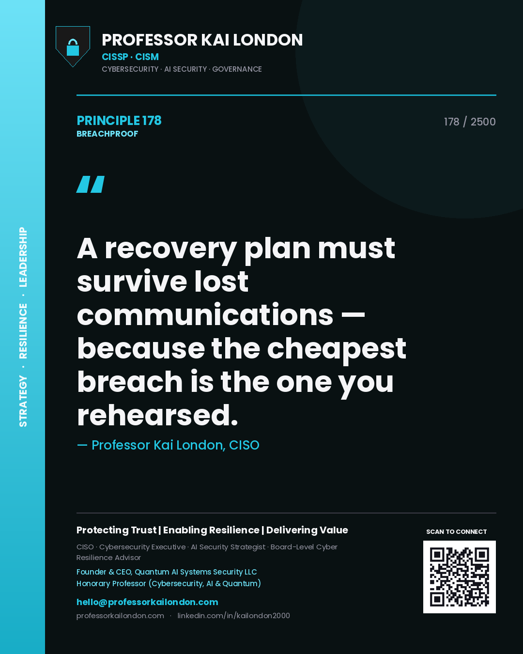 Professor Kai London principle 178: A recovery plan must survive lost communications — because the cheapest breach is the one you rehearsed.