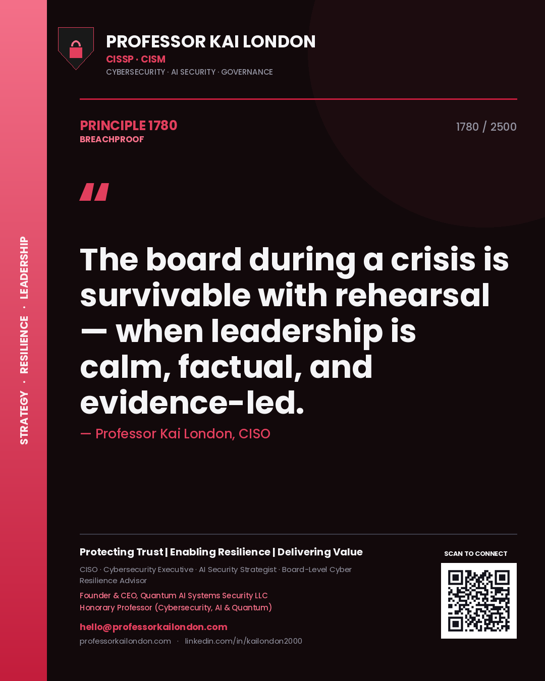 Professor Kai London principle 1780: The board during a crisis is survivable with rehearsal — when leadership is calm, factual, and evidence-led.