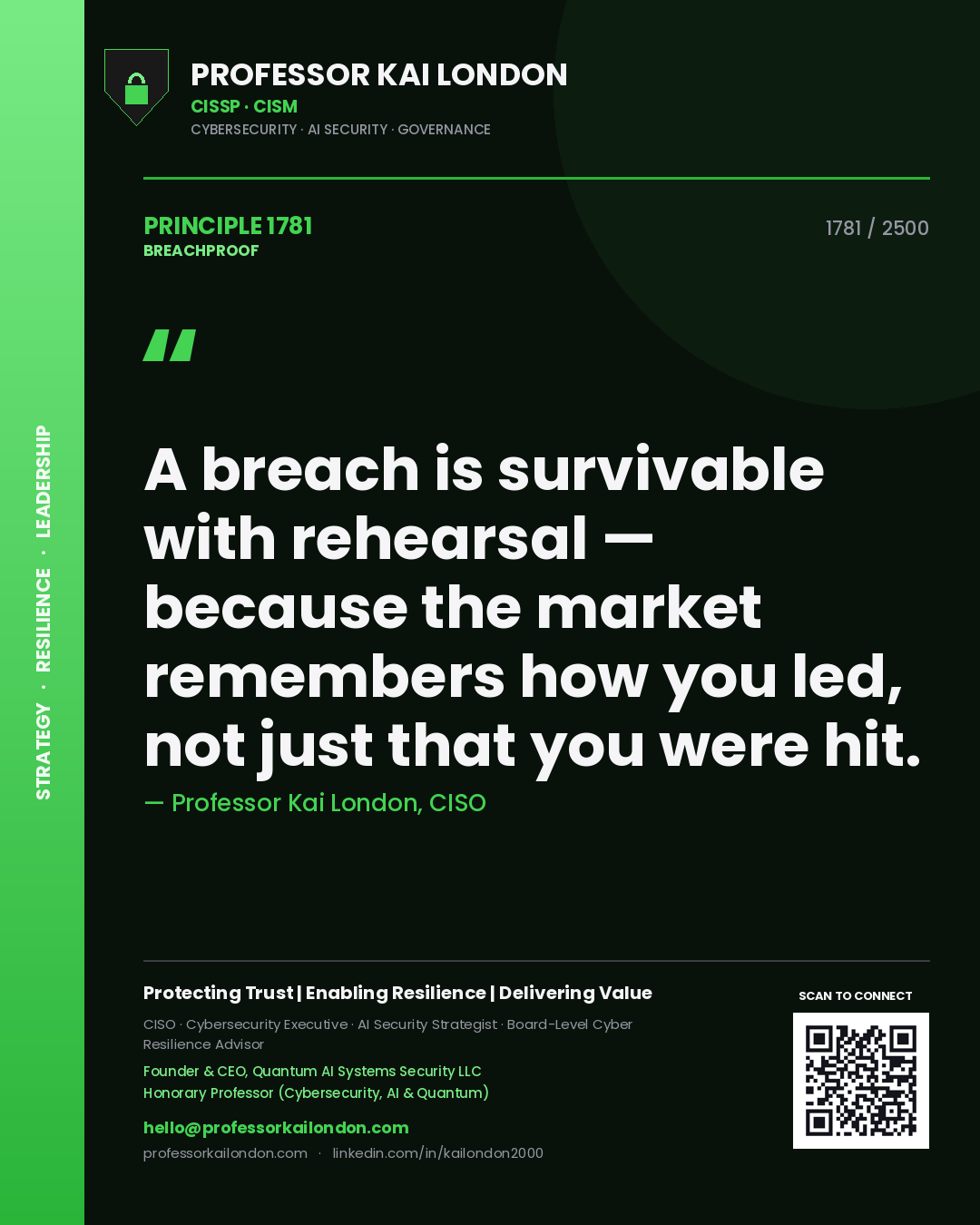 Professor Kai London principle 1781: A breach is survivable with rehearsal — because the market remembers how you led, not just that you were hit.