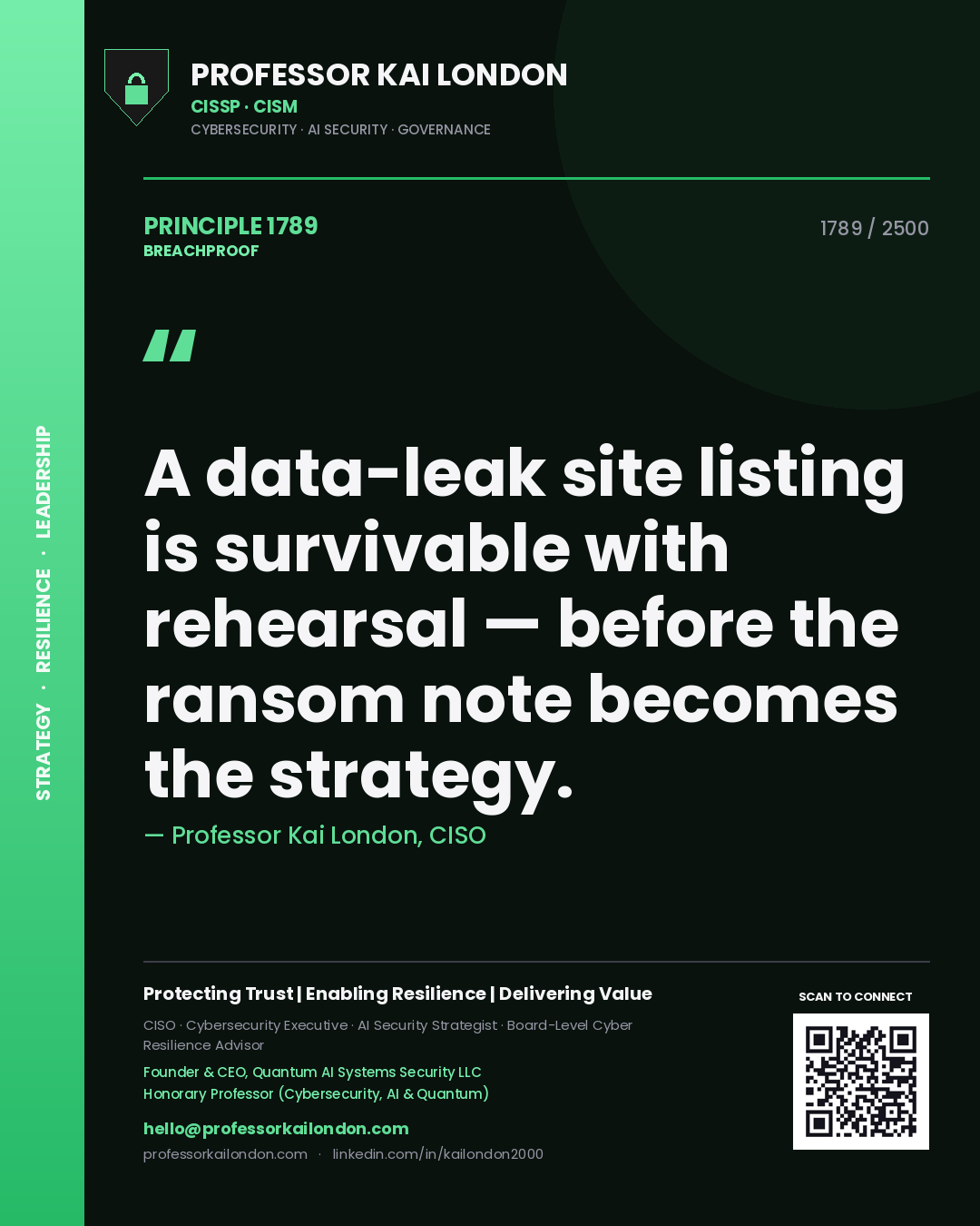 Professor Kai London principle 1789: A data-leak site listing is survivable with rehearsal — before the ransom note becomes the strategy.