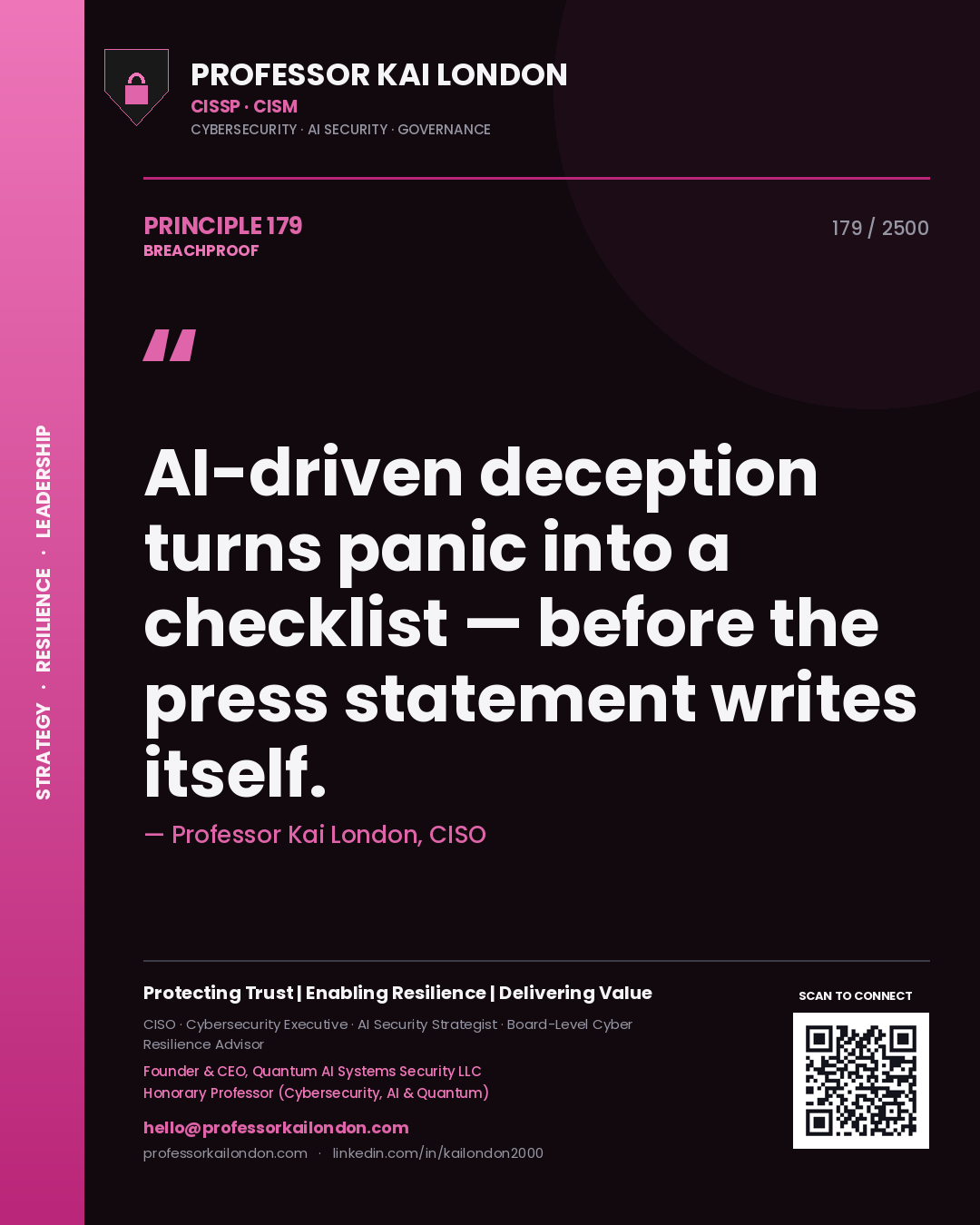 Professor Kai London principle 179: AI-driven deception turns panic into a checklist — before the press statement writes itself.