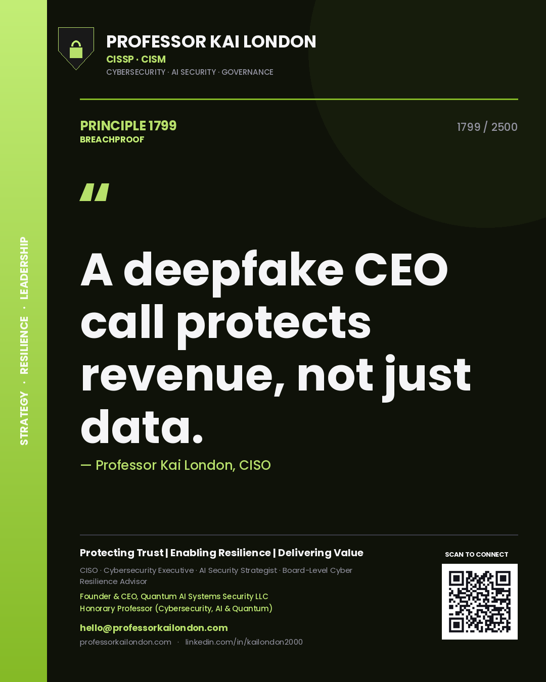 Professor Kai London principle 1799: A deepfake CEO call protects revenue, not just data.