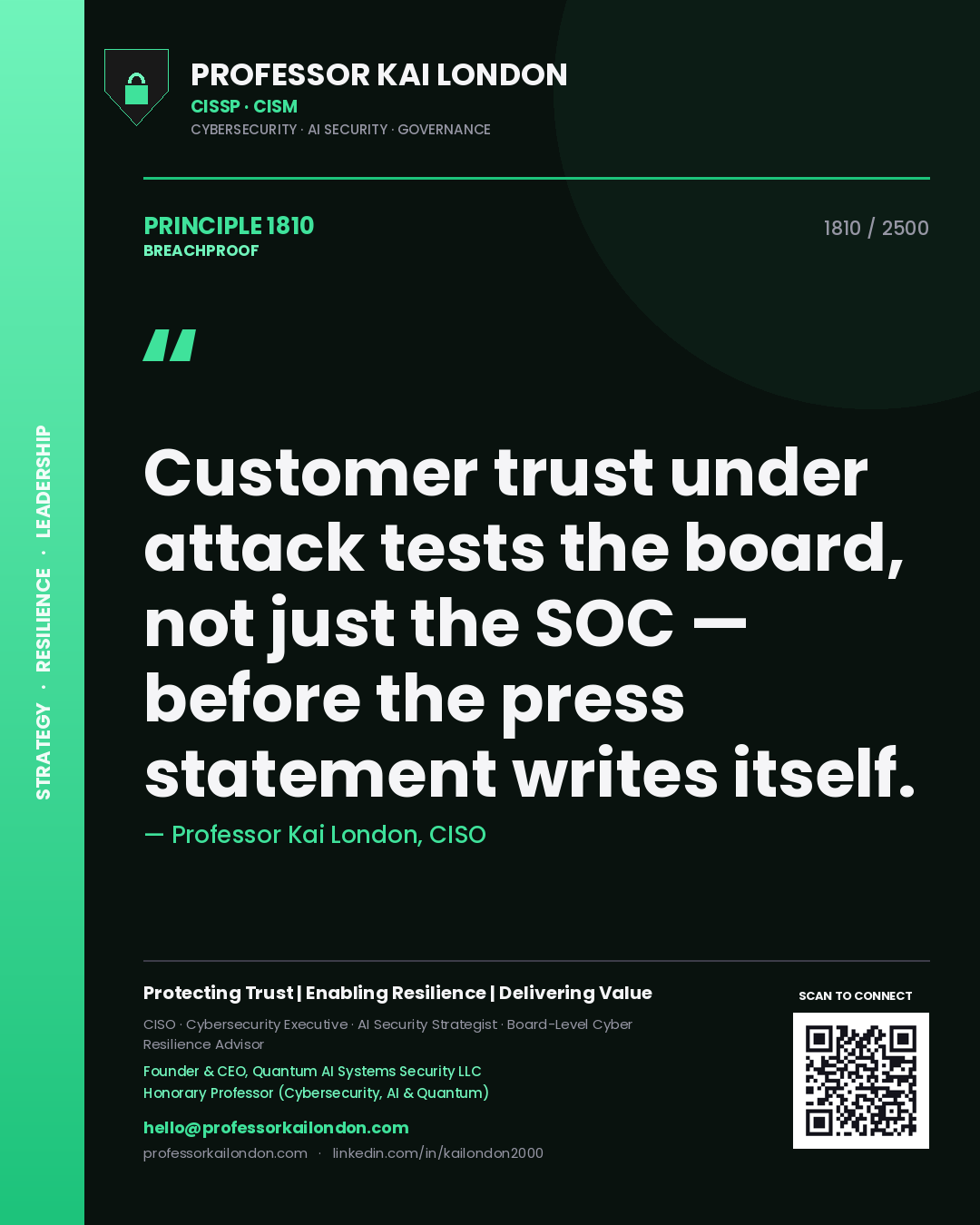 Professor Kai London principle 1810: Customer trust under attack tests the board, not just the SOC — before the press statement writes itself.