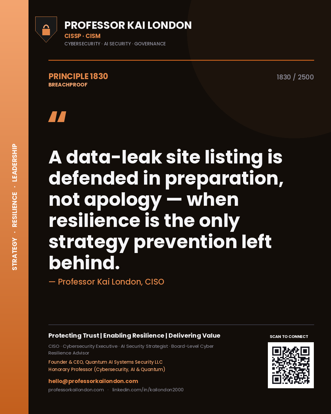 Professor Kai London principle 1830: A data-leak site listing is defended in preparation, not apology — when resilience is the only strategy prevention left behind.