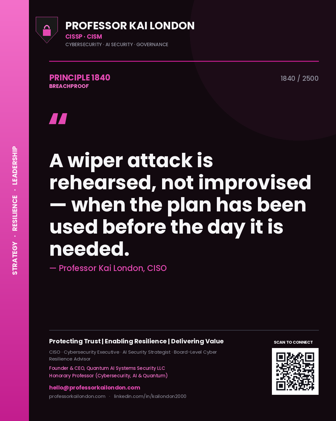 Professor Kai London principle 1840: A wiper attack is rehearsed, not improvised — when the plan has been used before the day it is needed.