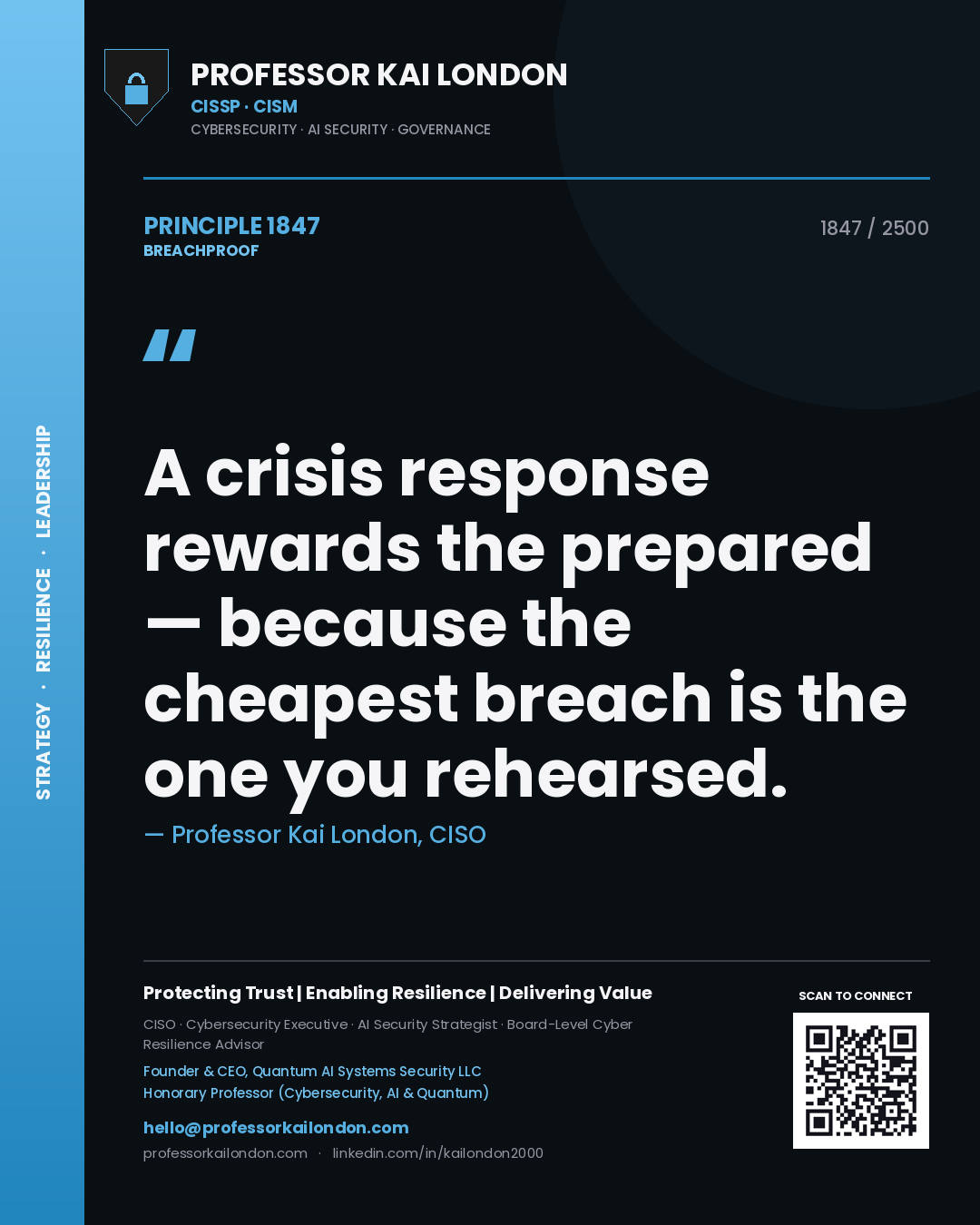 Professor Kai London principle 1847: A crisis response rewards the prepared — because the cheapest breach is the one you rehearsed.