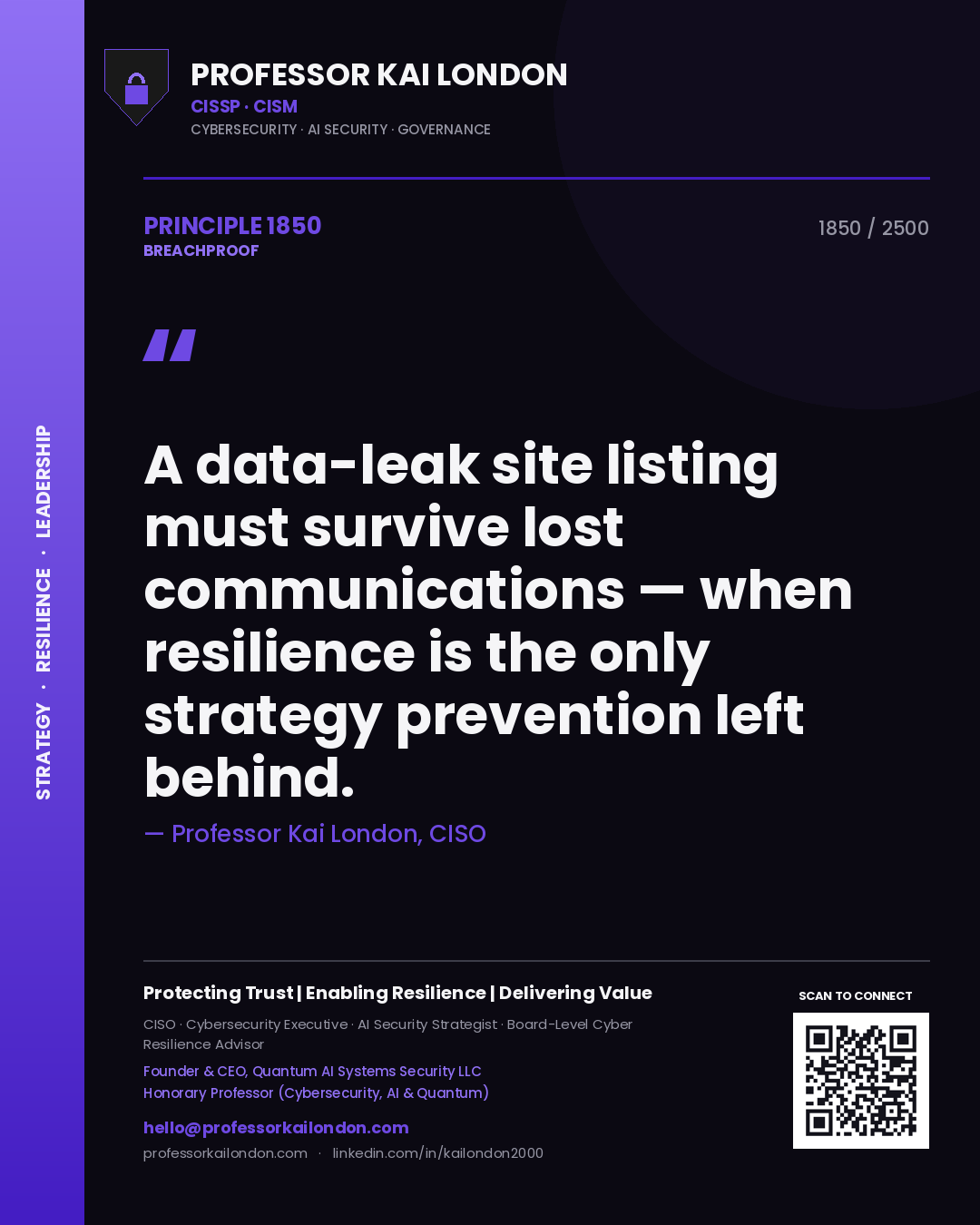 Professor Kai London principle 1850: A data-leak site listing must survive lost communications — when resilience is the only strategy prevention left behind.