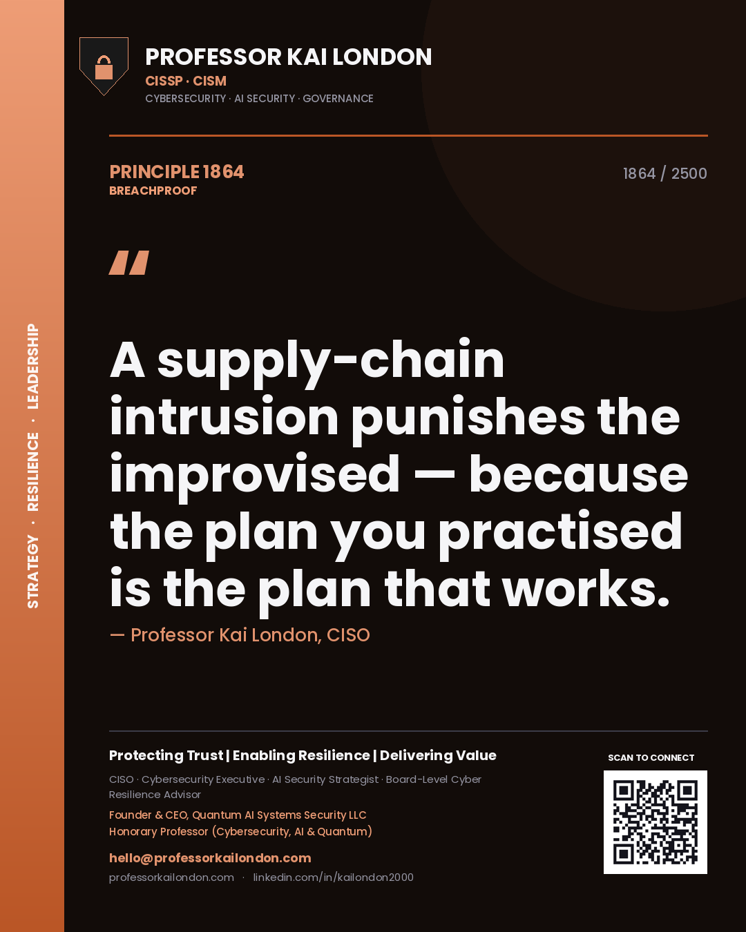 Professor Kai London principle 1864: A supply-chain intrusion punishes the improvised — because the plan you practised is the plan that works.