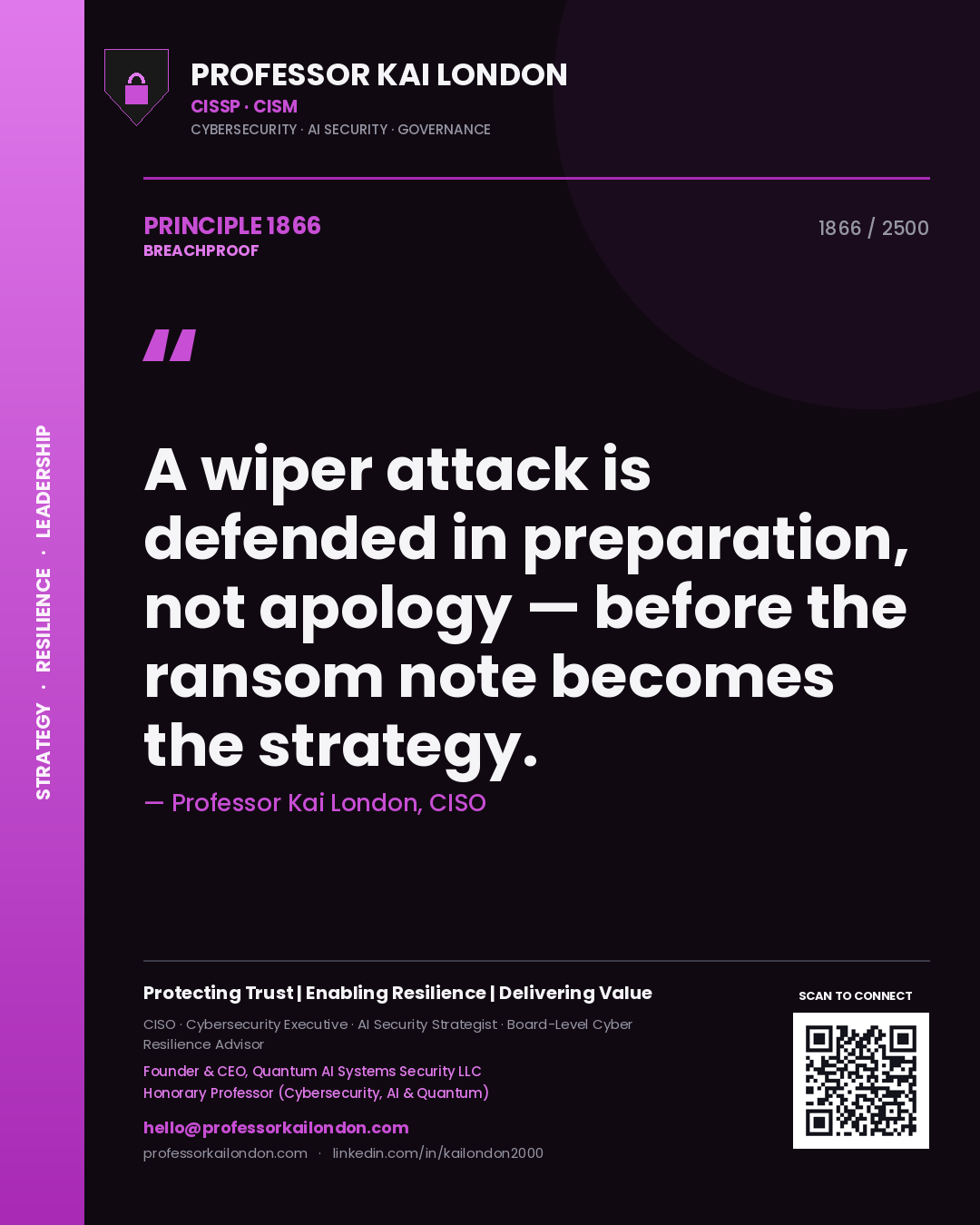 Professor Kai London principle 1866: A wiper attack is defended in preparation, not apology — before the ransom note becomes the strategy.