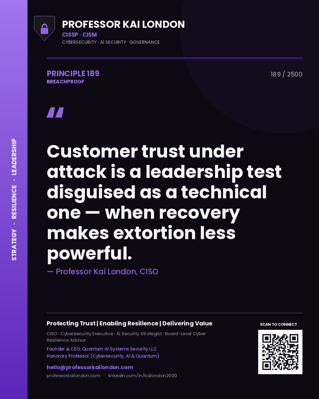 Professor Kai London principle 189: Customer trust under attack is a leadership test disguised as a technical one — when recovery makes extortion less powerful.
