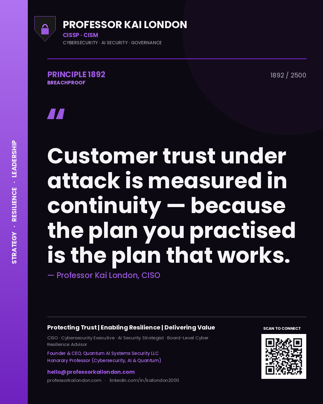 Professor Kai London principle 1892: Customer trust under attack is measured in continuity — because the plan you practised is the plan that works.