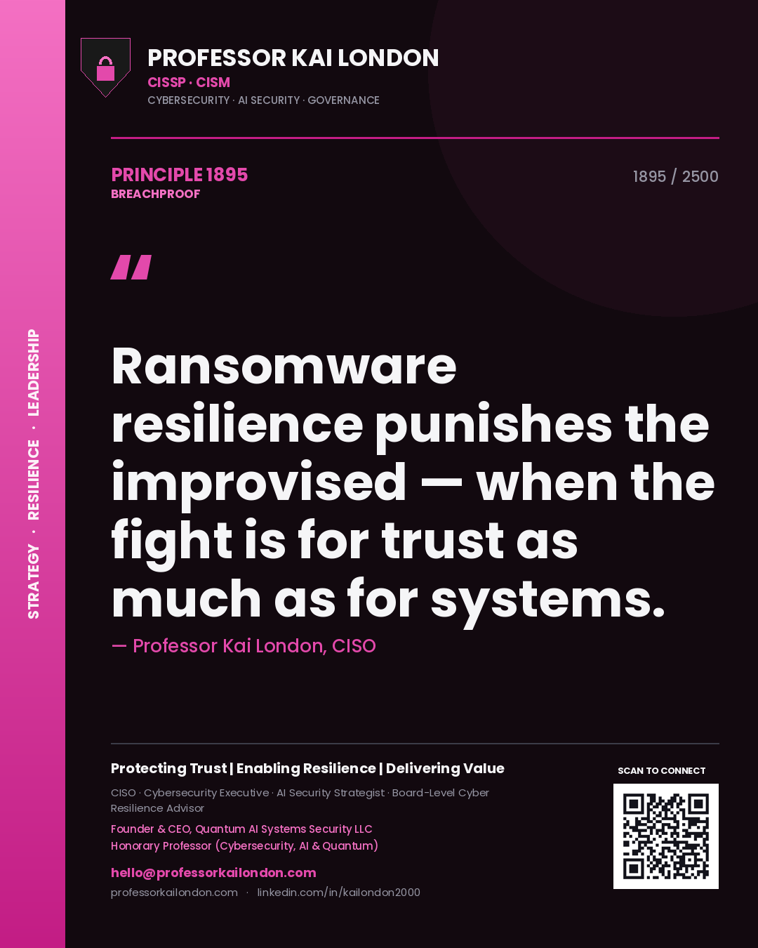 Professor Kai London principle 1895: Ransomware resilience punishes the improvised — when the fight is for trust as much as for systems.