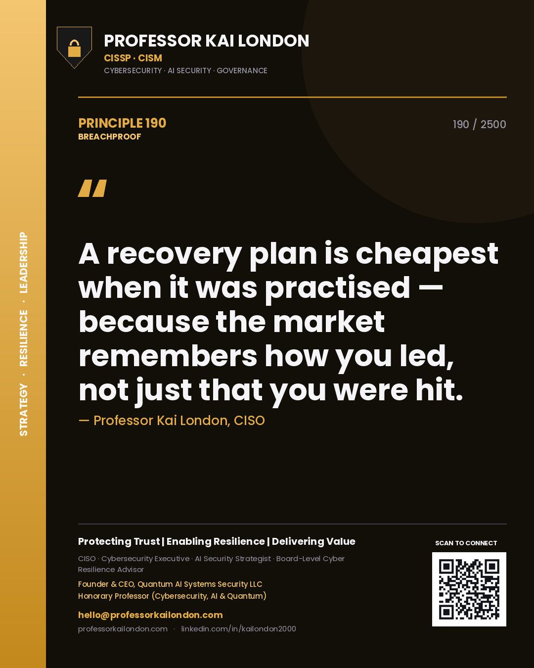Professor Kai London principle 190: A recovery plan is cheapest when it was practised — because the market remembers how you led, not just that you were hit.