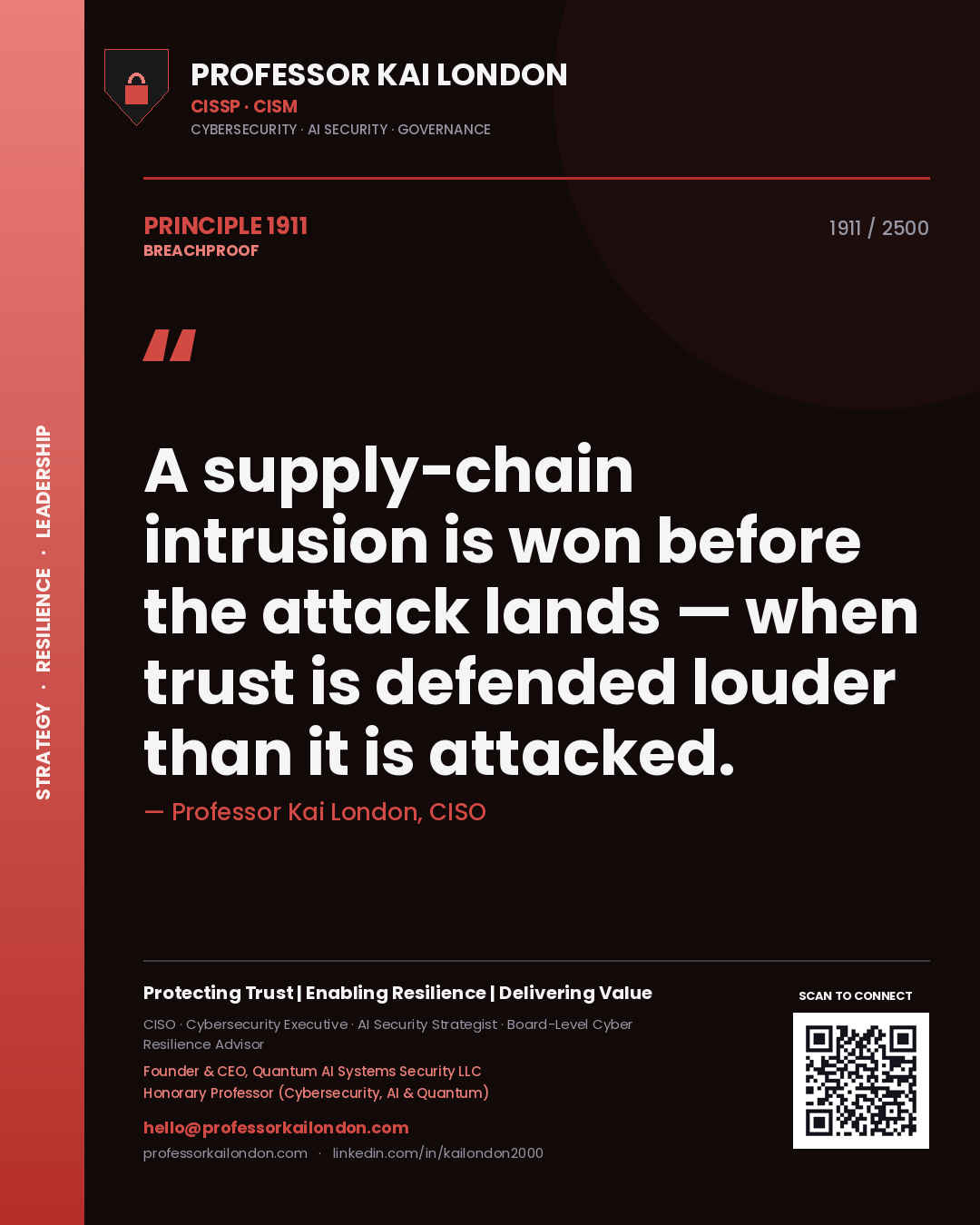 Professor Kai London principle 1911: A supply-chain intrusion is won before the attack lands — when trust is defended louder than it is attacked.