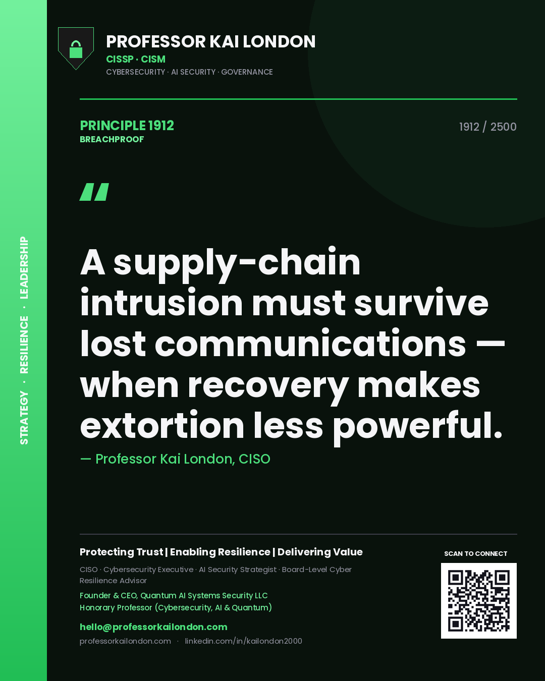 Professor Kai London principle 1912: A supply-chain intrusion must survive lost communications — when recovery makes extortion less powerful.