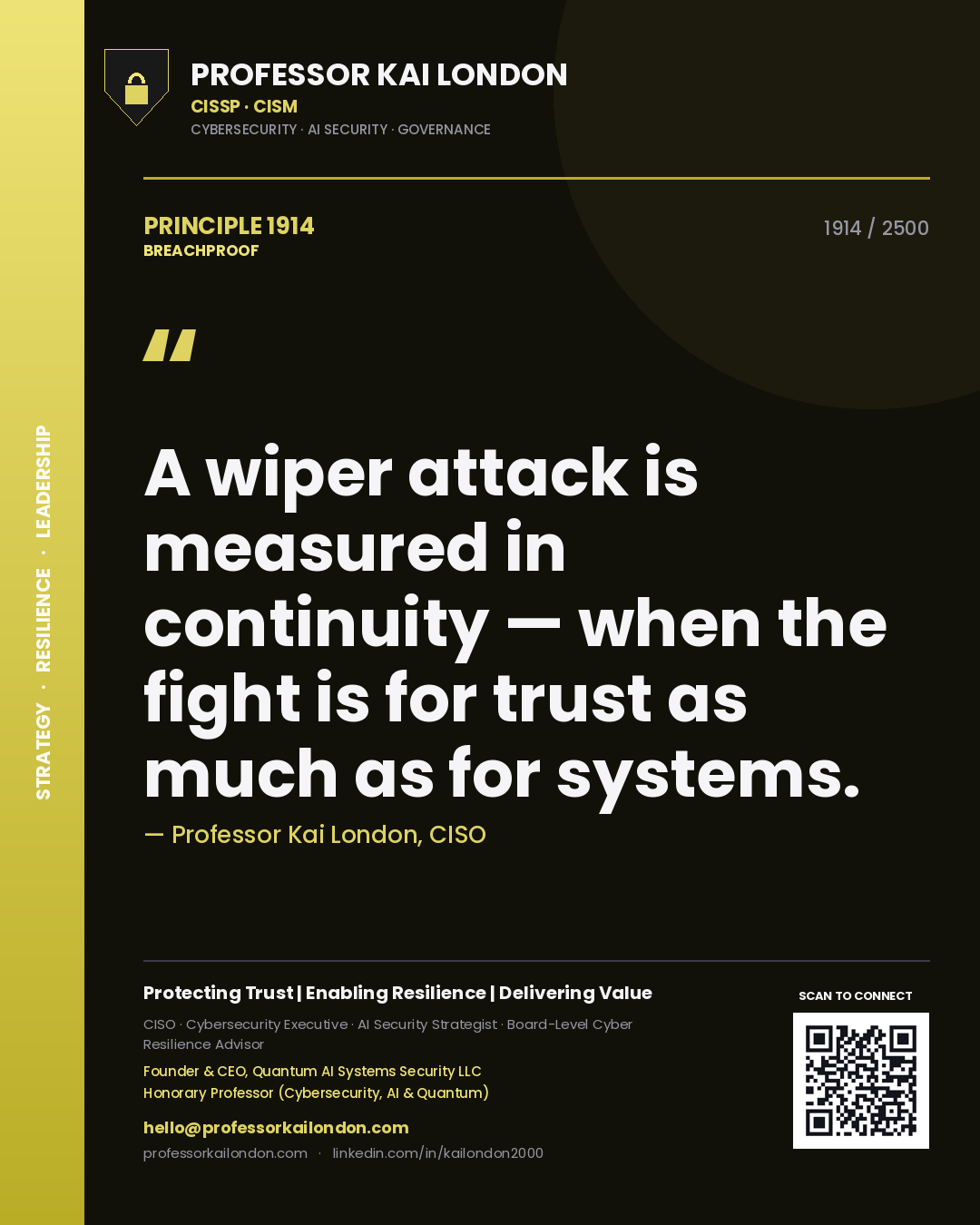 Professor Kai London principle 1914: A wiper attack is measured in continuity — when the fight is for trust as much as for systems.