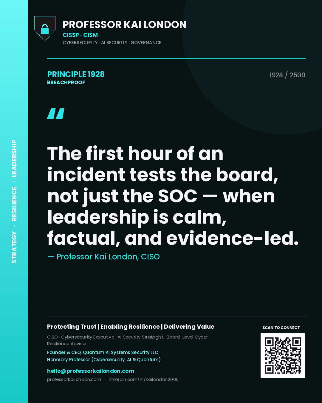 Professor Kai London principle 1928: The first hour of an incident tests the board, not just the SOC — when leadership is calm, factual, and evidence-led.