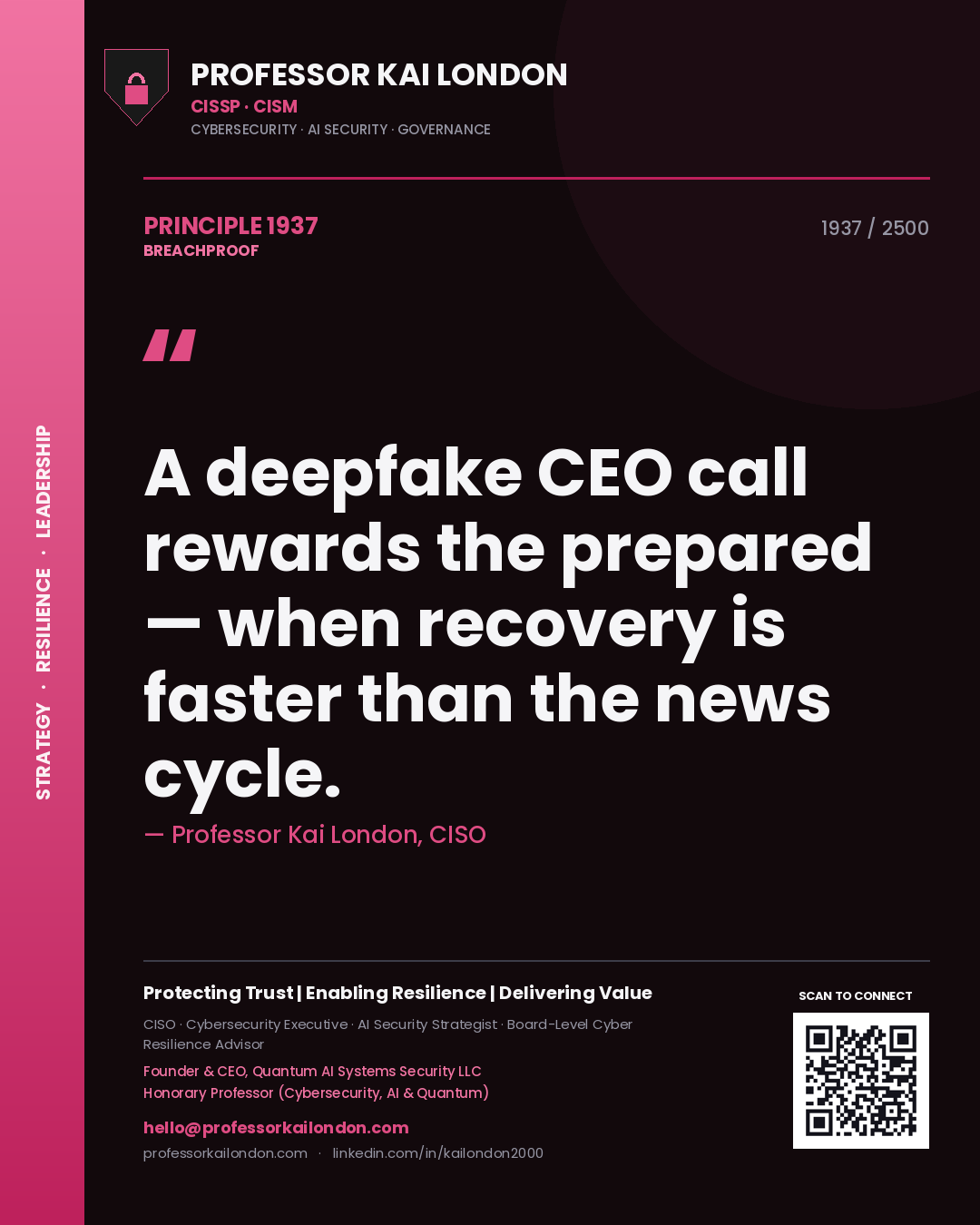 Professor Kai London principle 1937: A deepfake CEO call rewards the prepared — when recovery is faster than the news cycle.