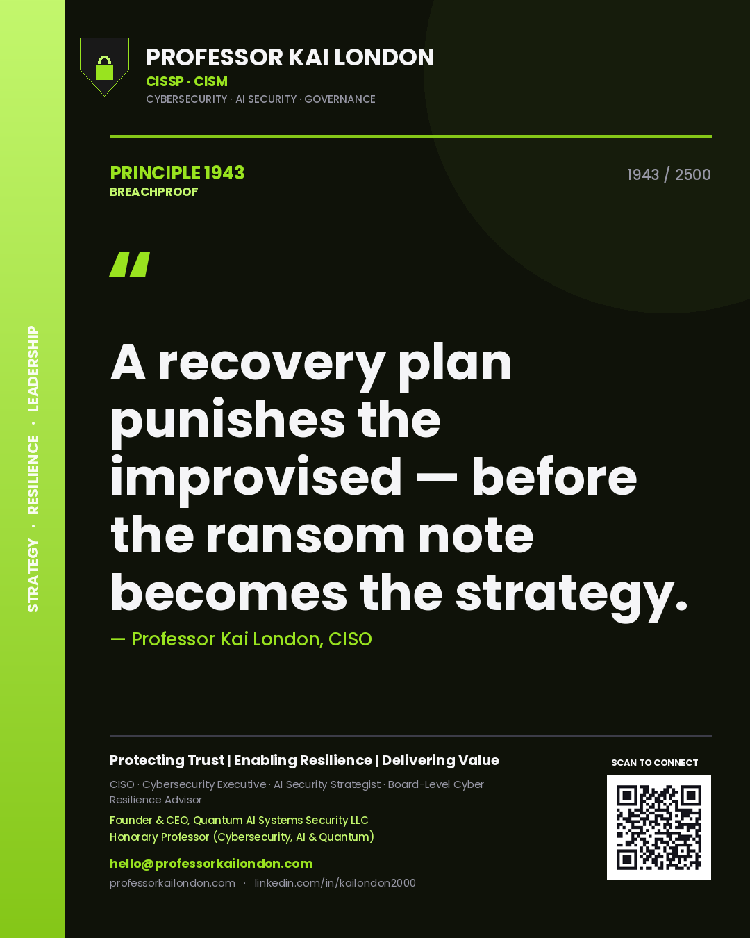 Professor Kai London principle 1943: A recovery plan punishes the improvised — before the ransom note becomes the strategy.