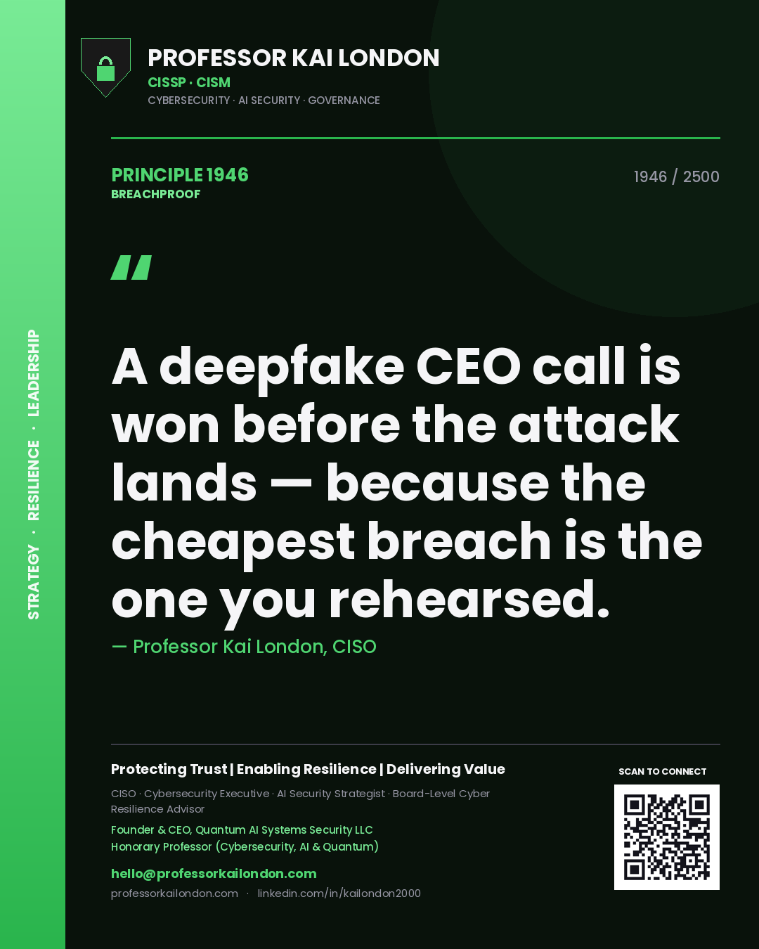 Professor Kai London principle 1946: A deepfake CEO call is won before the attack lands — because the cheapest breach is the one you rehearsed.
