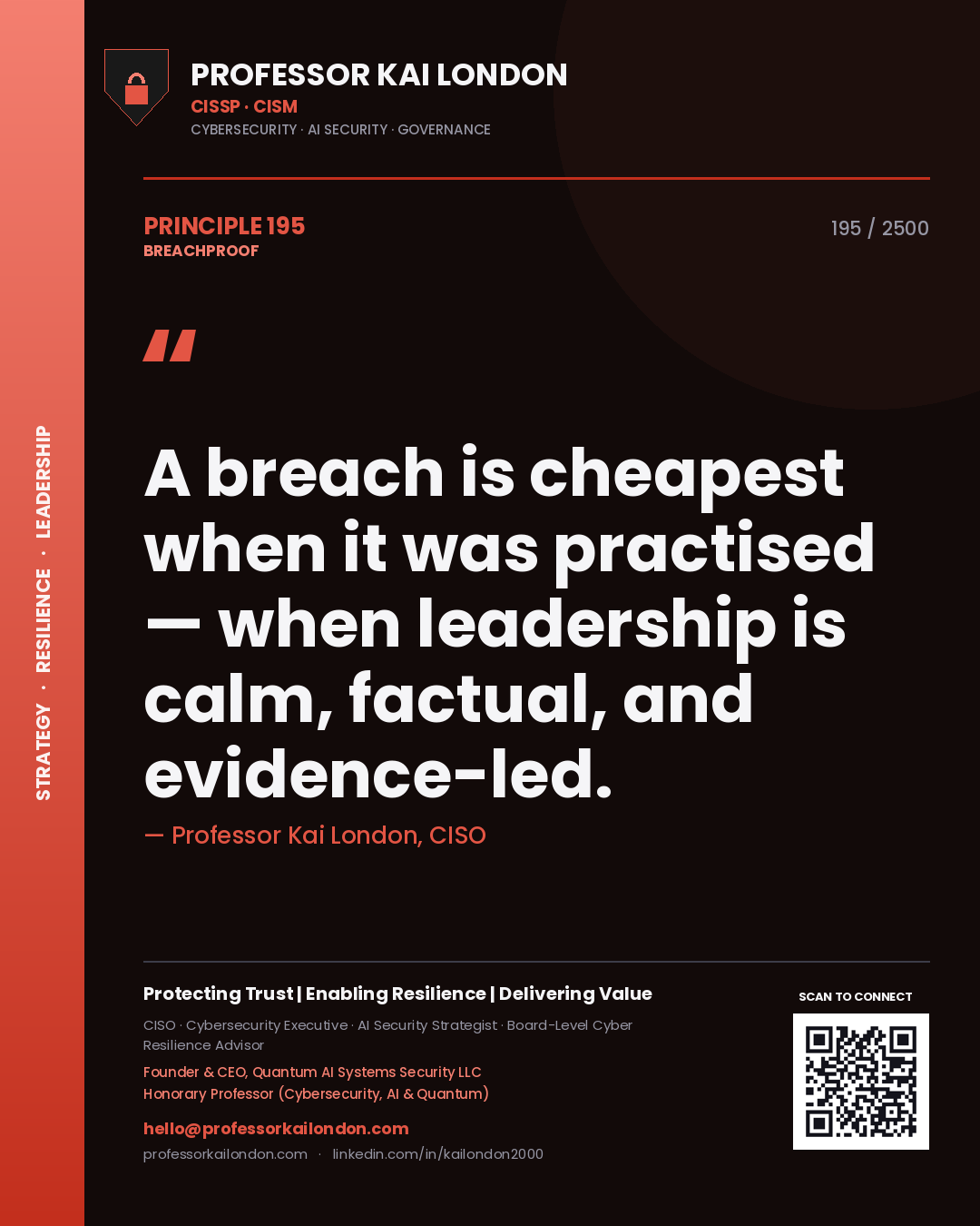 Professor Kai London principle 195: A breach is cheapest when it was practised — when leadership is calm, factual, and evidence-led.