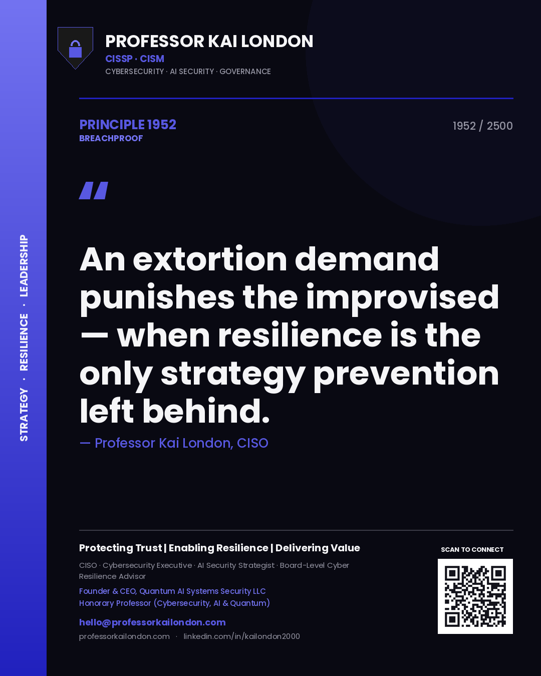 Professor Kai London principle 1952: An extortion demand punishes the improvised — when resilience is the only strategy prevention left behind.