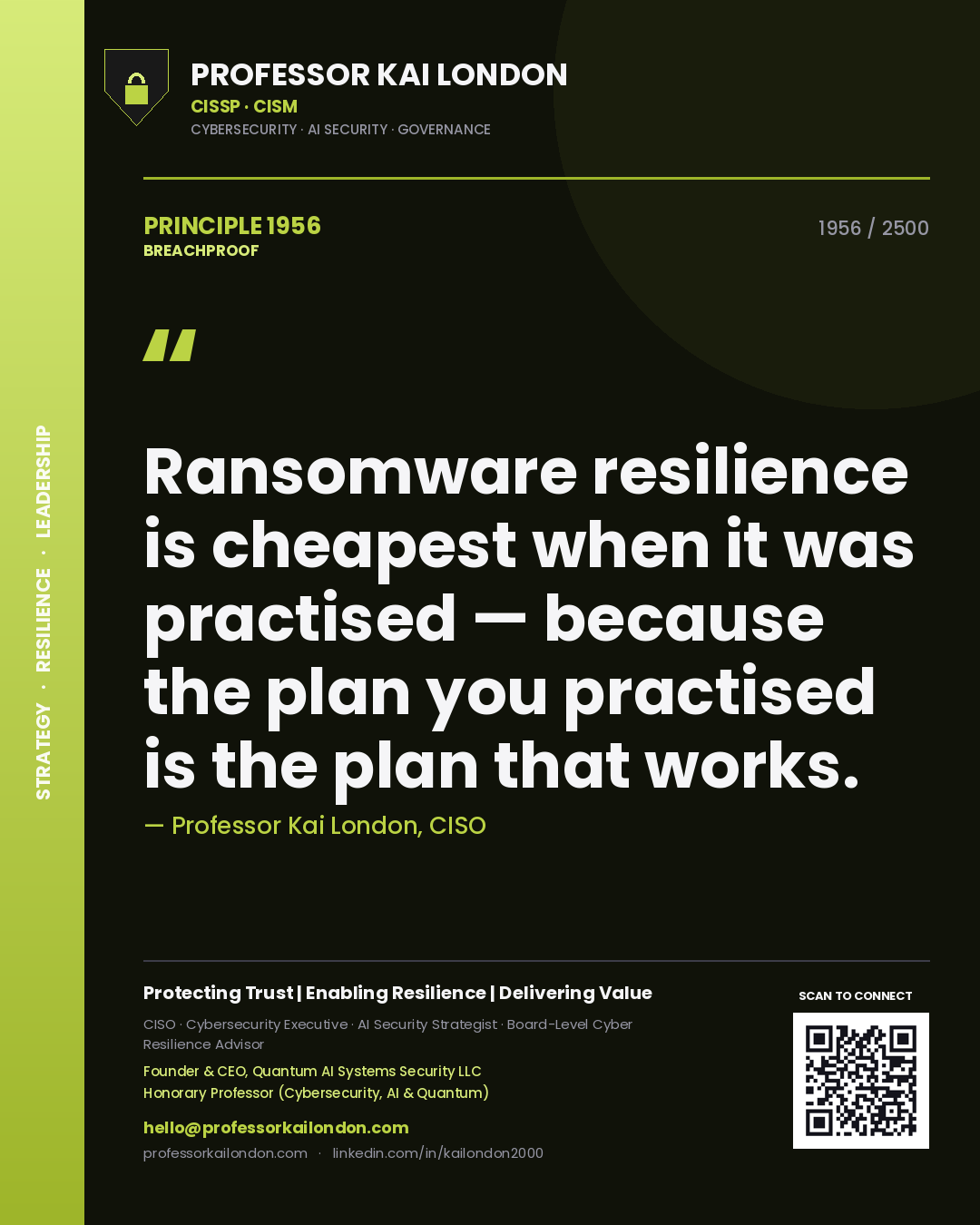 Professor Kai London principle 1956: Ransomware resilience is cheapest when it was practised — because the plan you practised is the plan that works.
