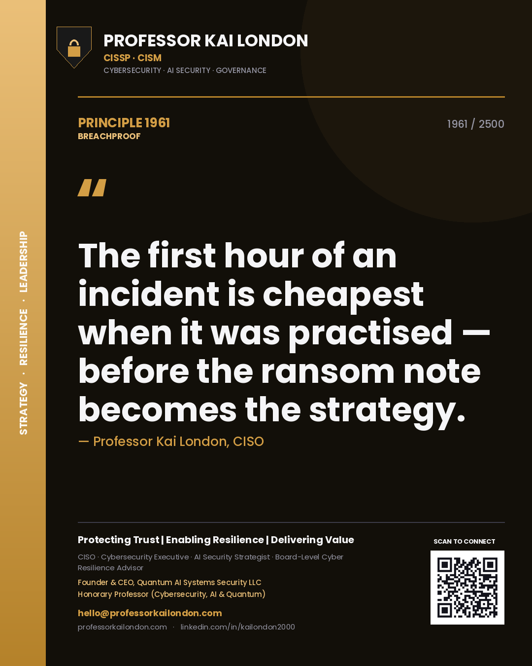 Professor Kai London principle 1961: The first hour of an incident is cheapest when it was practised — before the ransom note becomes the strategy.