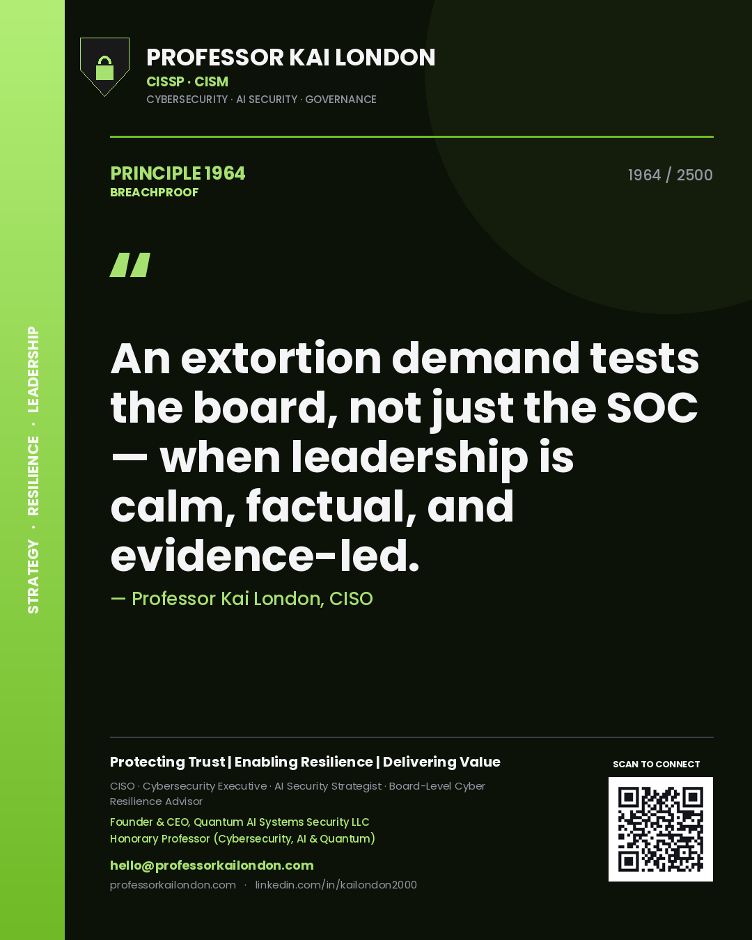 Professor Kai London principle 1964: An extortion demand tests the board, not just the SOC — when leadership is calm, factual, and evidence-led.