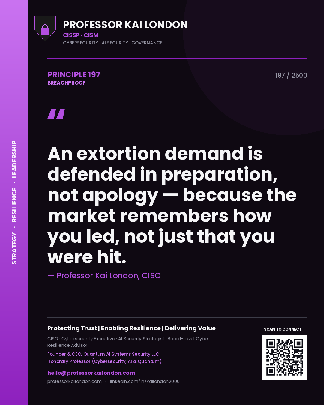 Professor Kai London principle 197: An extortion demand is defended in preparation, not apology — because the market remembers how you led, not just that you were hit.