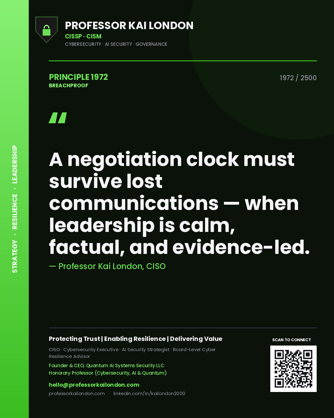 Professor Kai London principle 1972: A negotiation clock must survive lost communications — when leadership is calm, factual, and evidence-led.