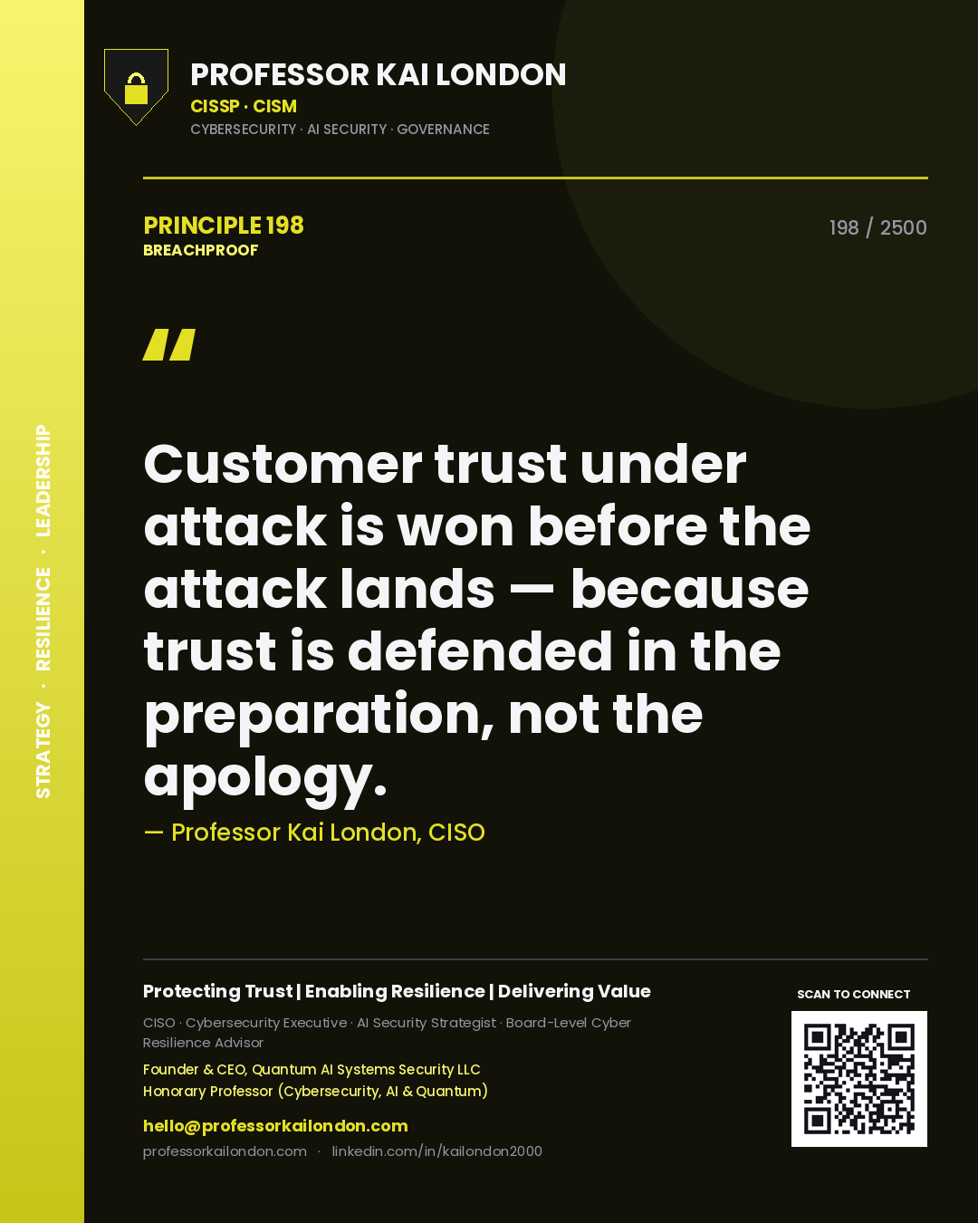 Professor Kai London principle 198: Customer trust under attack is won before the attack lands — because trust is defended in the preparation, not the apology.