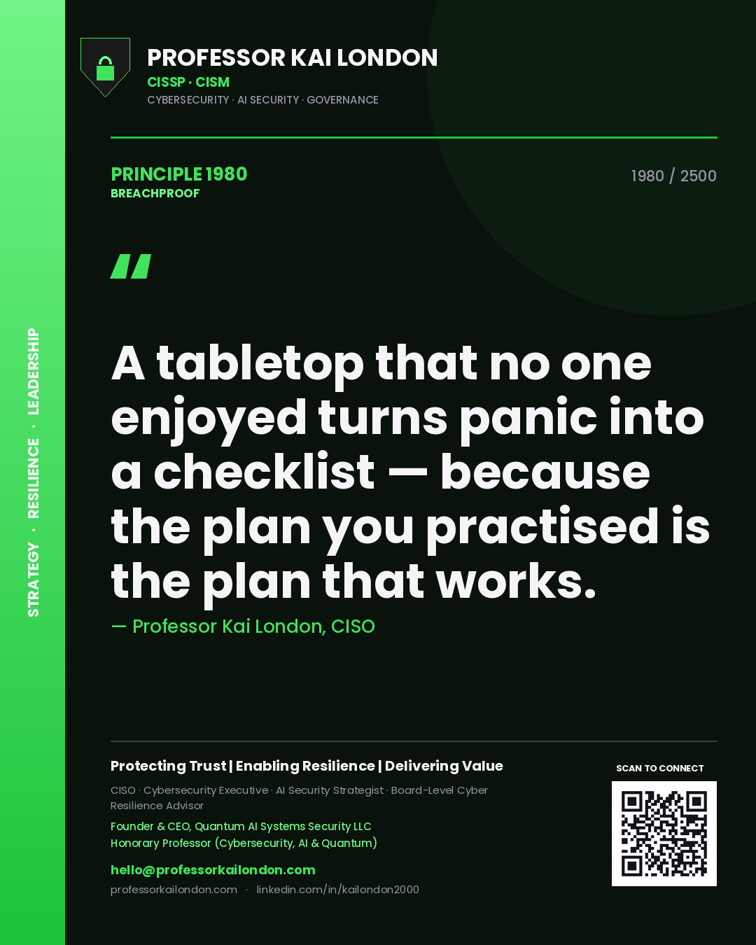 Professor Kai London principle 1980: A tabletop that no one enjoyed turns panic into a checklist — because the plan you practised is the plan that works.