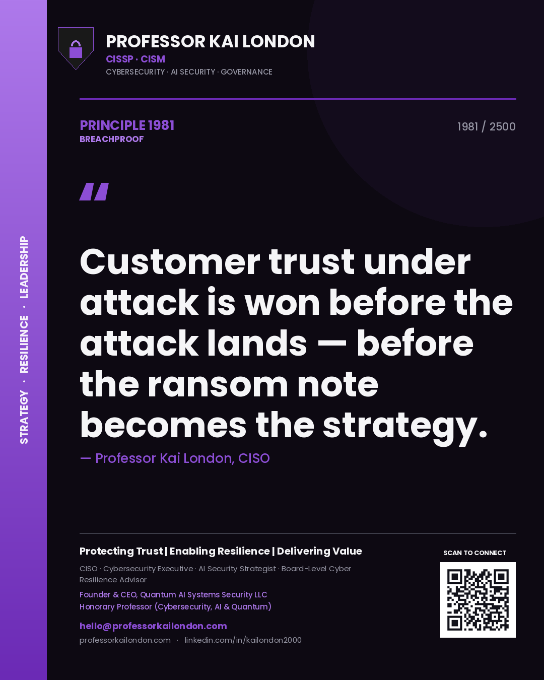 Professor Kai London principle 1981: Customer trust under attack is won before the attack lands — before the ransom note becomes the strategy.