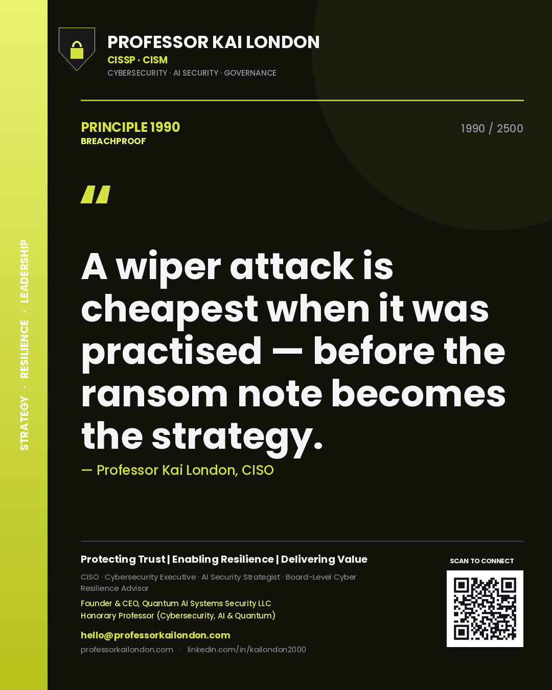 Professor Kai London principle 1990: A wiper attack is cheapest when it was practised — before the ransom note becomes the strategy.