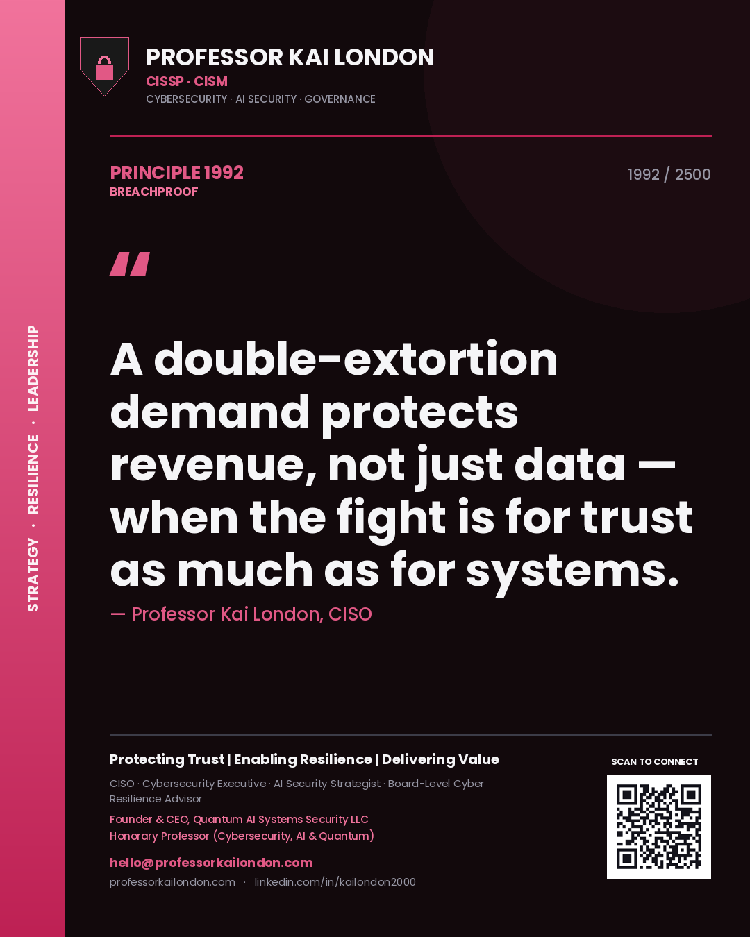 Professor Kai London principle 1992: A double-extortion demand protects revenue, not just data — when the fight is for trust as much as for systems.