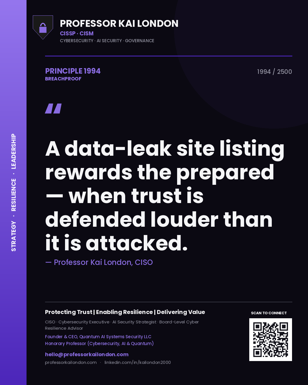 Professor Kai London principle 1994: A data-leak site listing rewards the prepared — when trust is defended louder than it is attacked.
