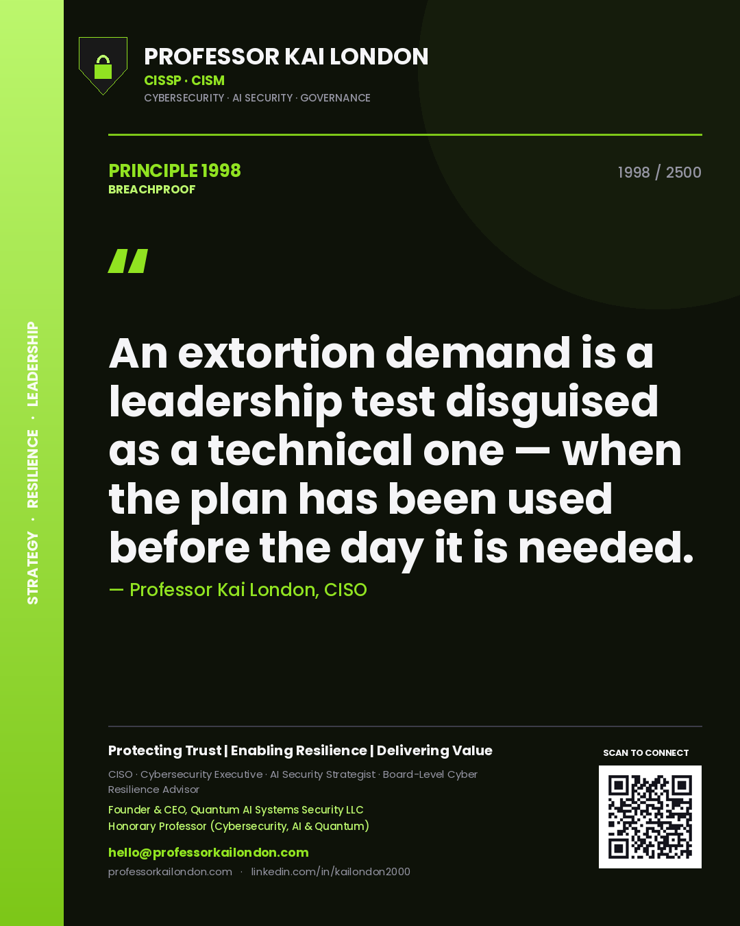 Professor Kai London principle 1998: An extortion demand is a leadership test disguised as a technical one — when the plan has been used before the day it is needed.