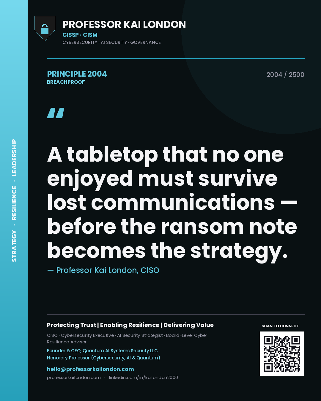 Professor Kai London principle 2004: A tabletop that no one enjoyed must survive lost communications — before the ransom note becomes the strategy.
